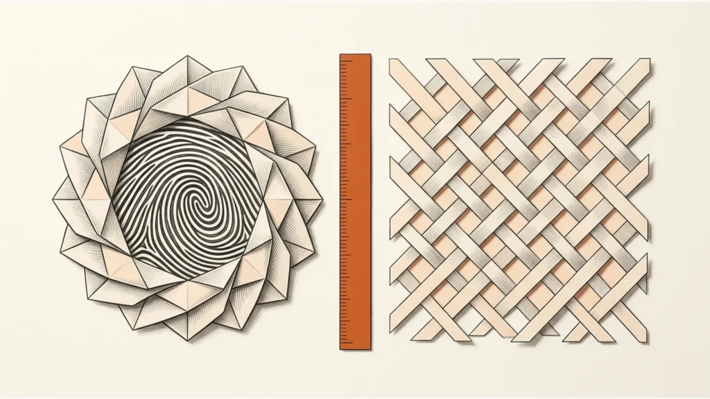 Editorial paper illustration: An origami fingerprint rosette opposite an orderly paper lattice, separated by an orange vertical ruler with no markings.