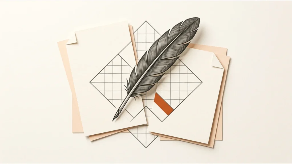 Editorial paper illustration: A graphite feather quill crossing a geometric paper grid, two separate blank document folios beneath, warm overhead composition.