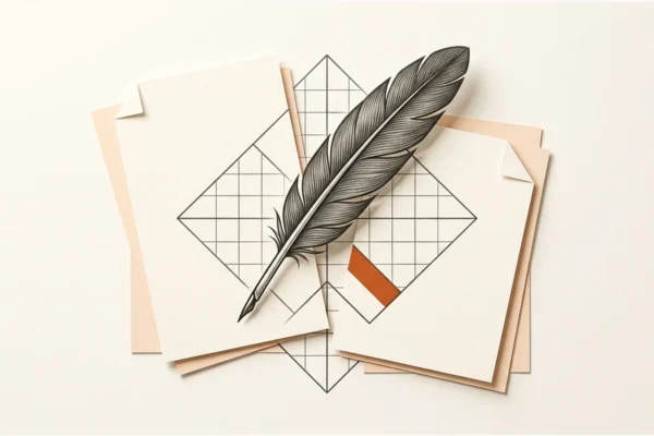Editorial paper illustration: A graphite feather quill crossing a geometric paper grid, two separate blank document folios beneath, warm overhead composition.
