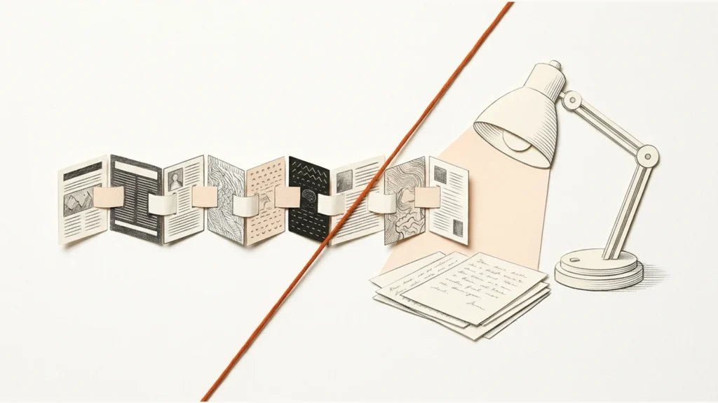 Editorial paper illustration: A paper chain of linked source cards opposite an ivory desk lamp illuminating a draft, orange thread crossing the middle.