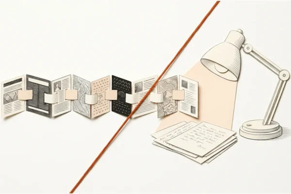 Editorial paper illustration: A paper chain of linked source cards opposite an ivory desk lamp illuminating a draft, orange thread crossing the middle.