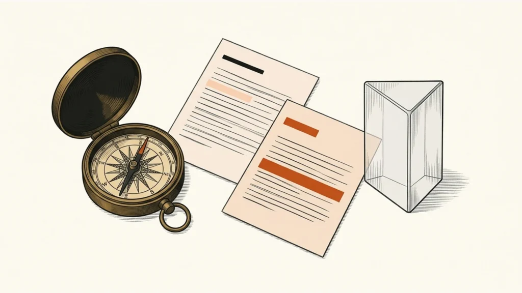 Editorial paper illustration: An antique brass compass opposite a plain glass prism, two distinct document cards between them.