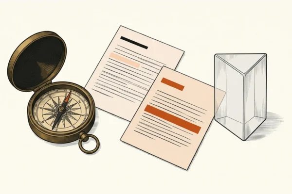 Editorial paper illustration: An antique brass compass opposite a plain glass prism, two distinct document cards between them.