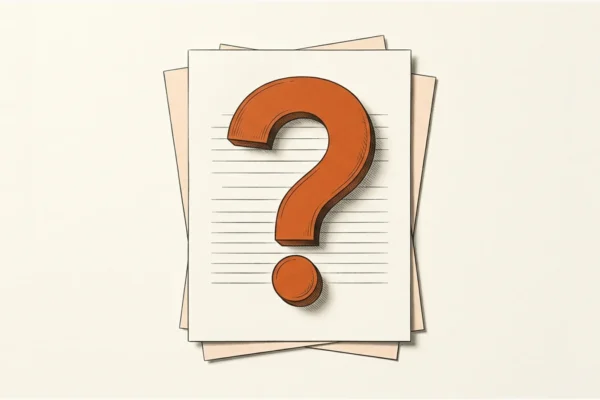 Editorial paper illustration: An orange question-mark-shaped paper cutout casting a shadow over an otherwise untouched manuscript.