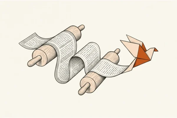 Editorial paper illustration: A manuscript ribbon weaving through two offset wooden rollers, emerging as a folded paper bird.