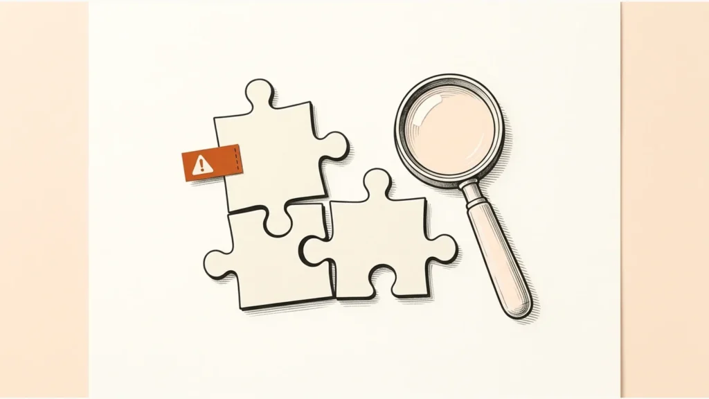 Editorial paper illustration: A pair of mismatched cream puzzle pieces beside a plain inspection loupe, with an orange caution tab.
