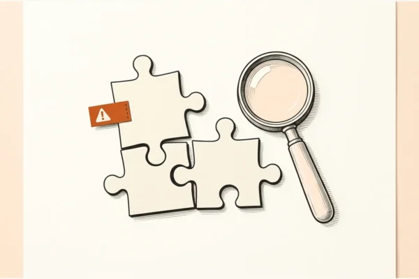 Editorial paper illustration: A pair of mismatched cream puzzle pieces beside a plain inspection loupe, with an orange caution tab.