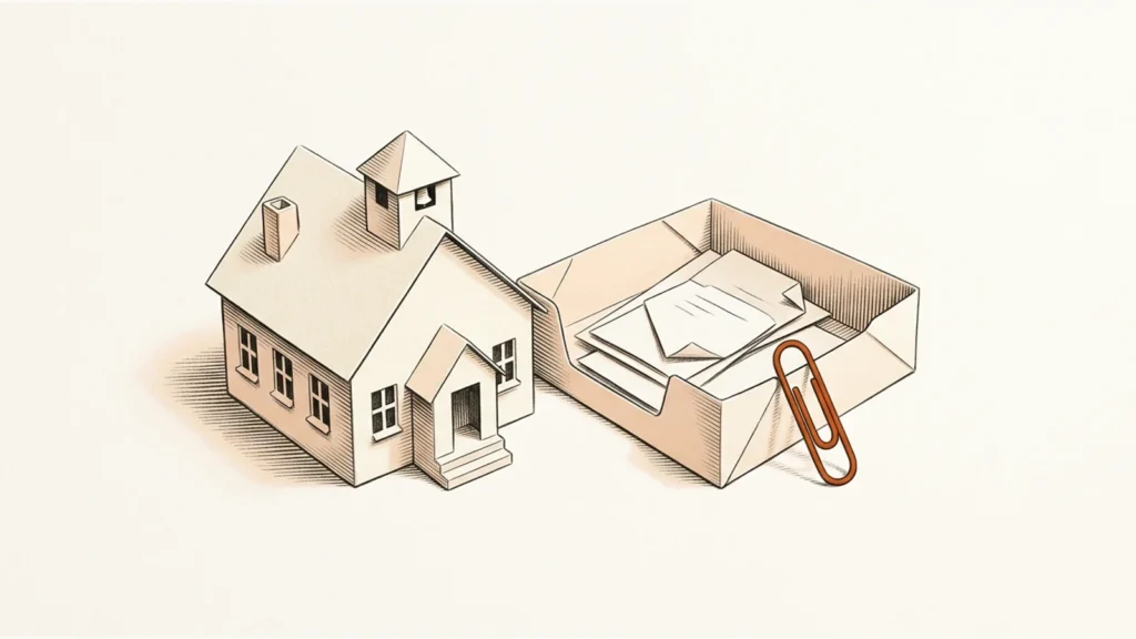 Editorial paper illustration: A small schoolhouse constructed from folded cream paper, an assignment tray beside it, and one orange paper clip.