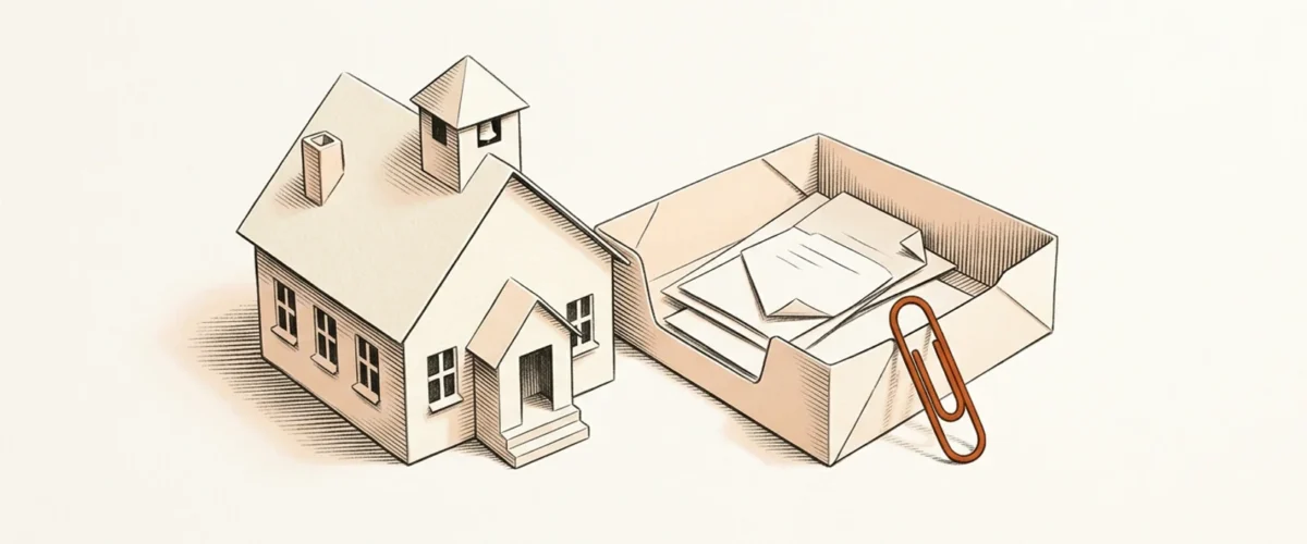 Editorial paper illustration: A small schoolhouse constructed from folded cream paper, an assignment tray beside it, and one orange paper clip.