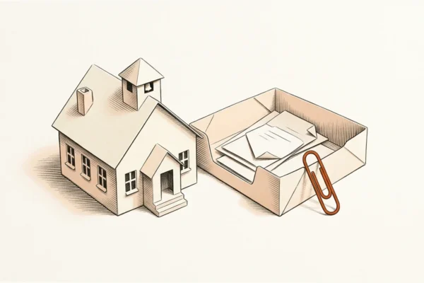 Editorial paper illustration: A small schoolhouse constructed from folded cream paper, an assignment tray beside it, and one orange paper clip.
